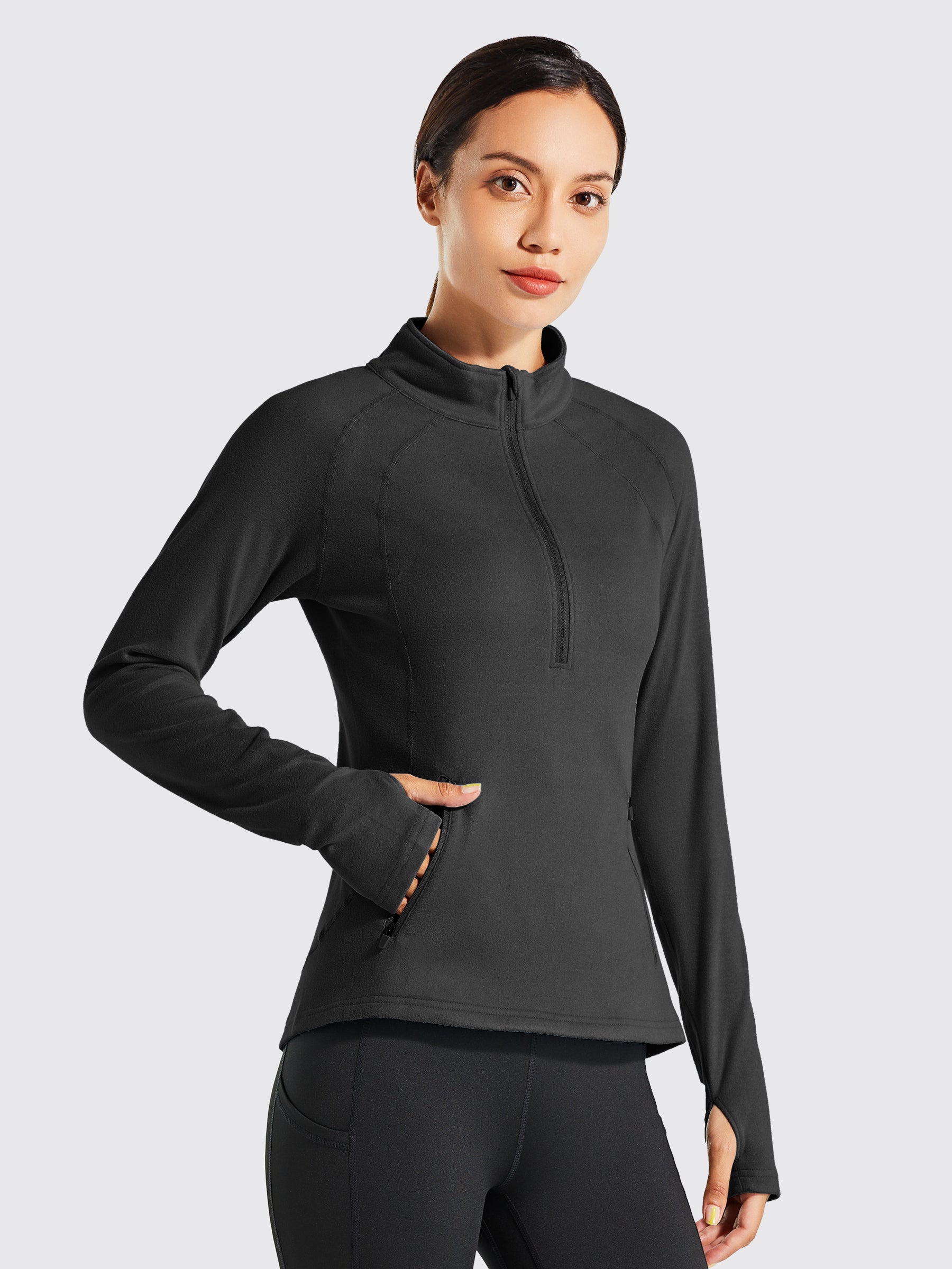 Willit Women's Fleece Pullover Half Zip_Black1