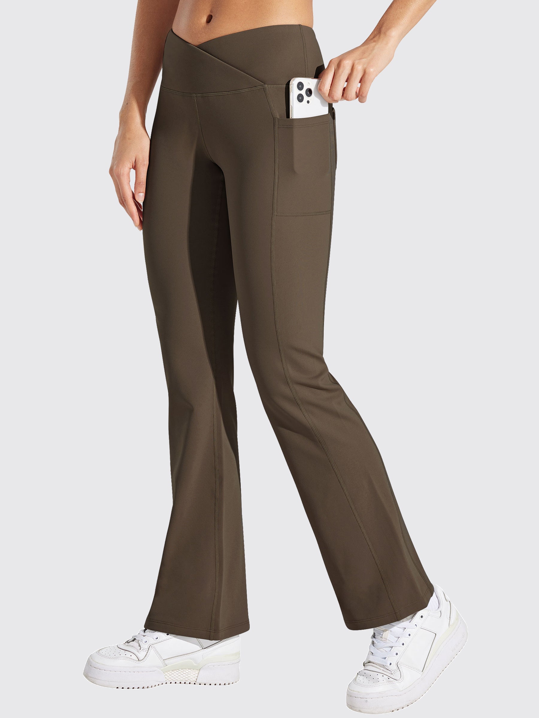 Womens Fleece Lined Crossover Flared Leggings brown