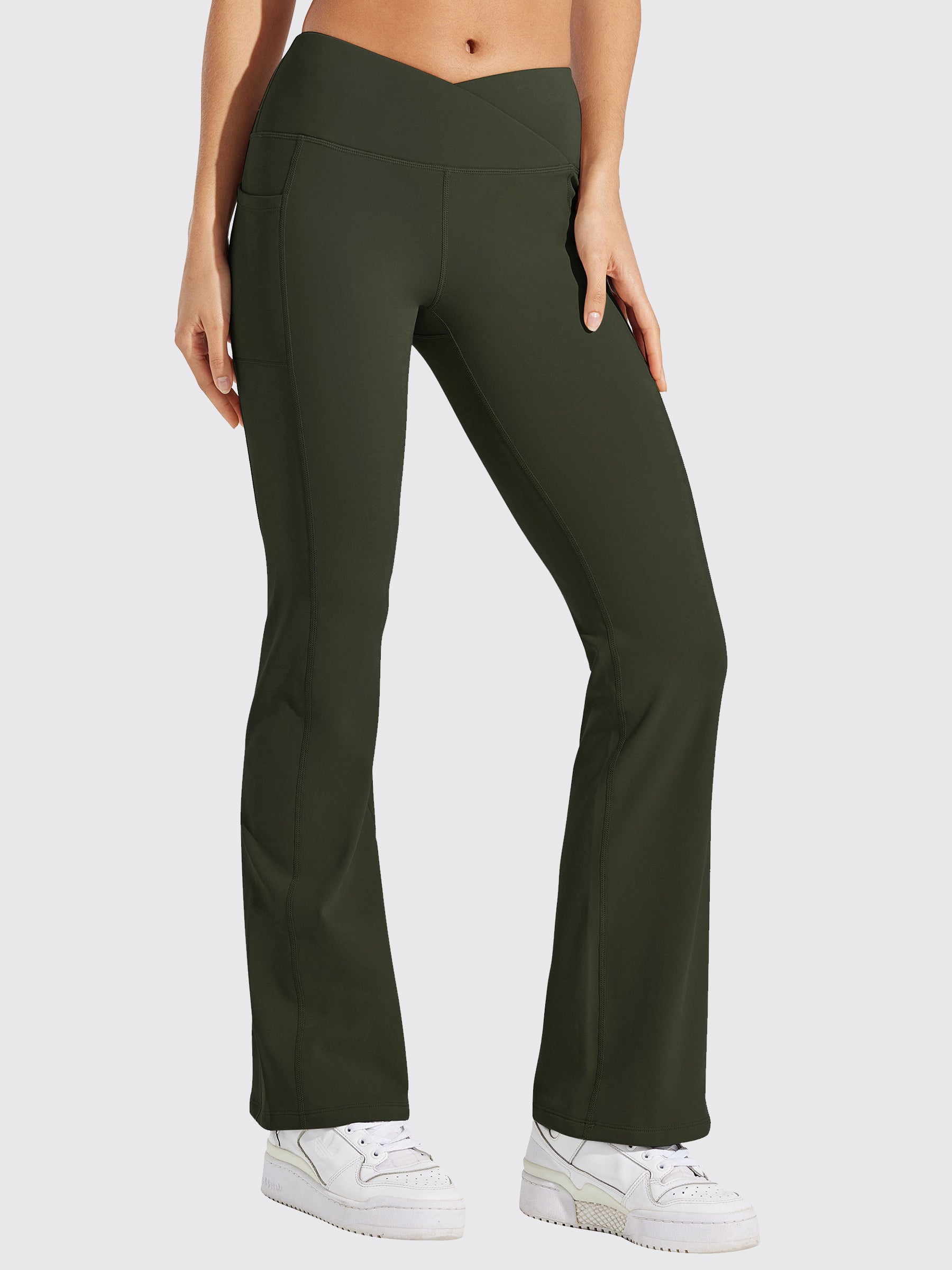 Womens Fleece Lined Crossover Flared Leggings olive green