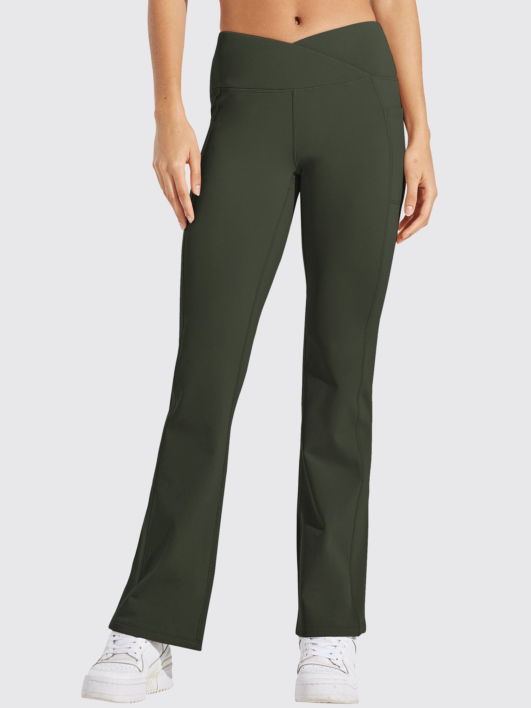 Womens Fleece Lined Crossover Flared Leggings olive green