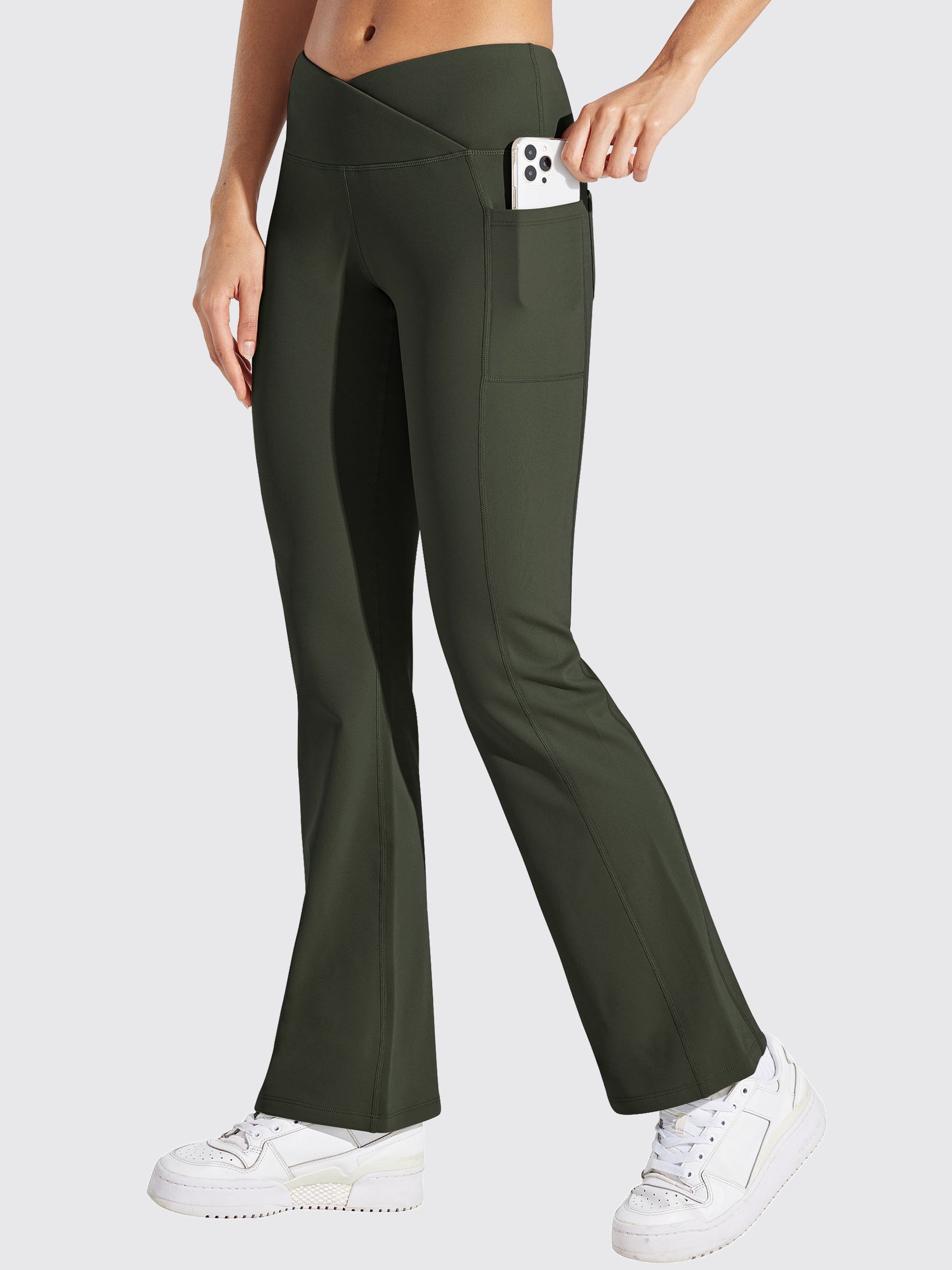 Womens Fleece Lined Crossover Flared Leggings olive green